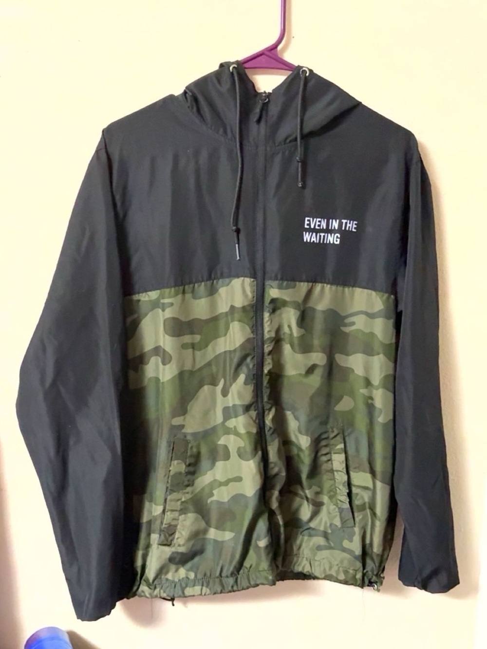 Black & Green Camo Windbreaker Jacket with Hood